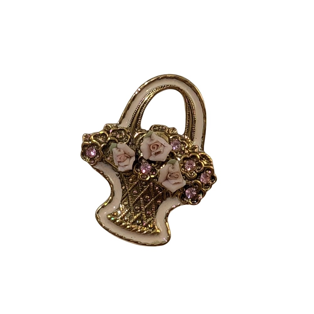 Vintage Gold Tone Pink Rhinestone Flower Basket Brooch Pin Enamel Roses